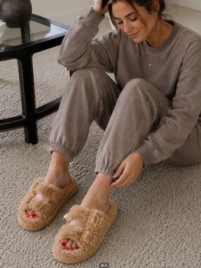 Azalea Wang Faux Fur Buckle Slippers